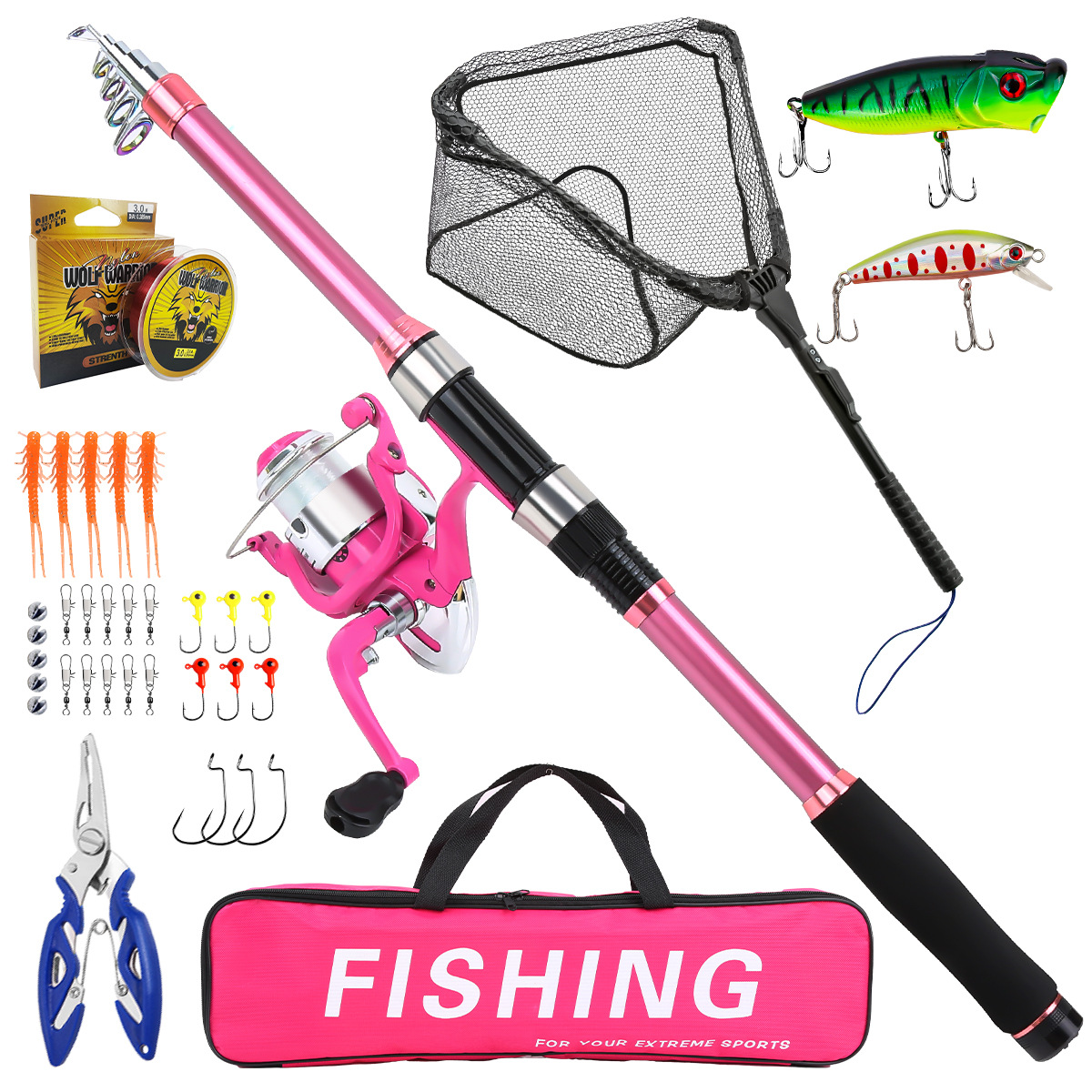 Fishing Rod Combo - 釣り竿セット フルキット 伸縮式釣り竿とスピニングリール付き 餌 フック トラベルポールセット