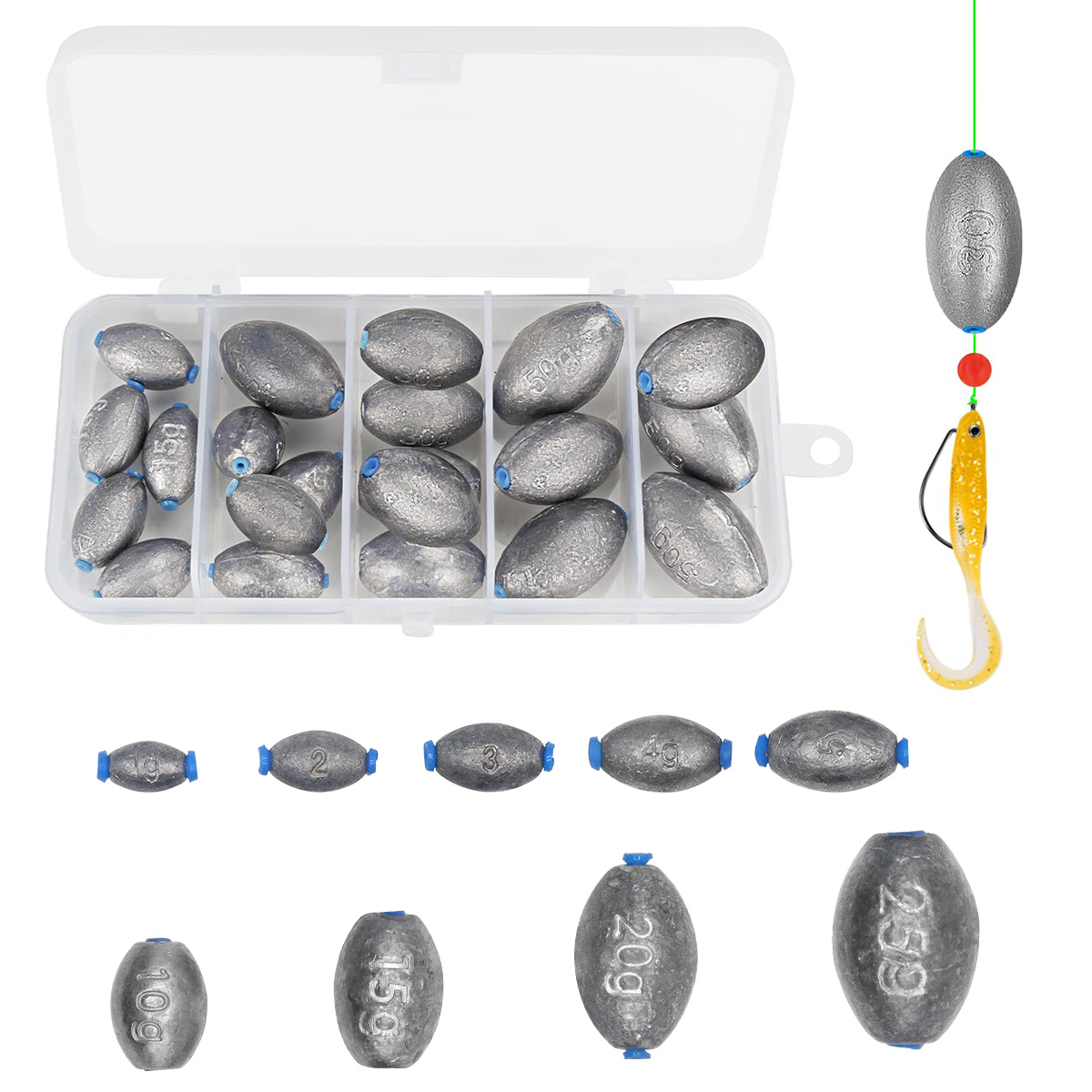 Fishing Rod Guide Replacement - エッグフィッシングシンカーウェイト詰め合わせ鉛製オーバル型バスキャスティングワームバレットタックル海水・淡水釣り用